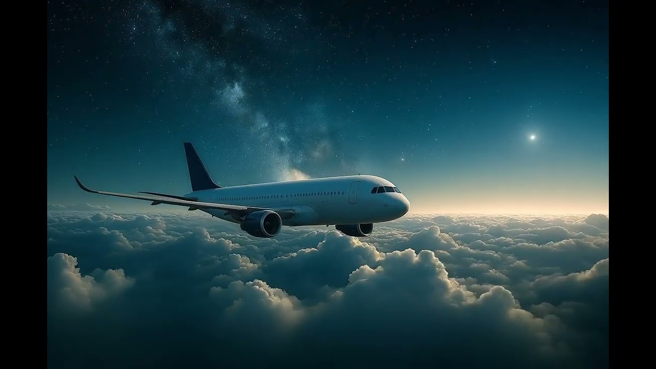 a cargo aircraft flies through the night sky above soft clouds the camera moves smoothly from left