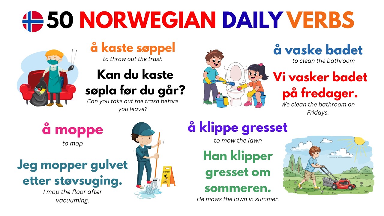 50 Viktige Norske Verb (Husarbeid) 🇳🇴 |Snakk Norsk Naturlig med Korte Eksempler (A1–B1)