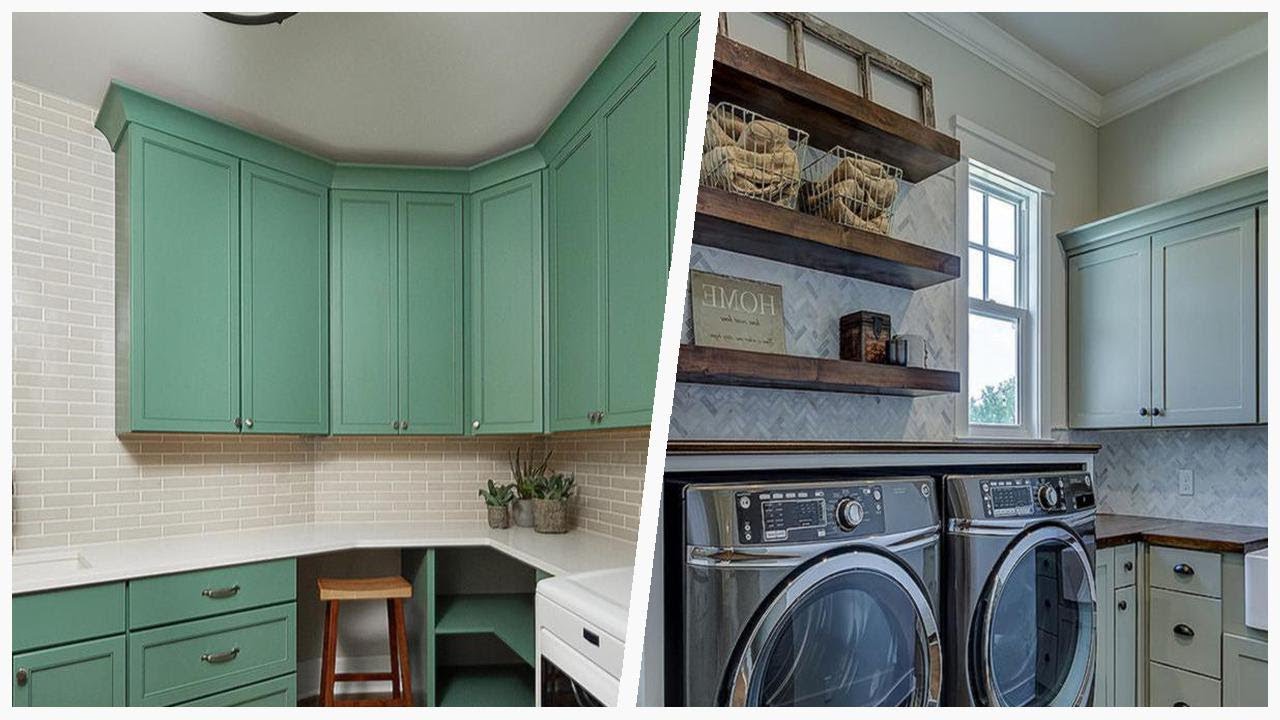 75 Medium Tone Wood Floor Laundry Room With Green Cabinets Design Ideas You'll Love 🔴