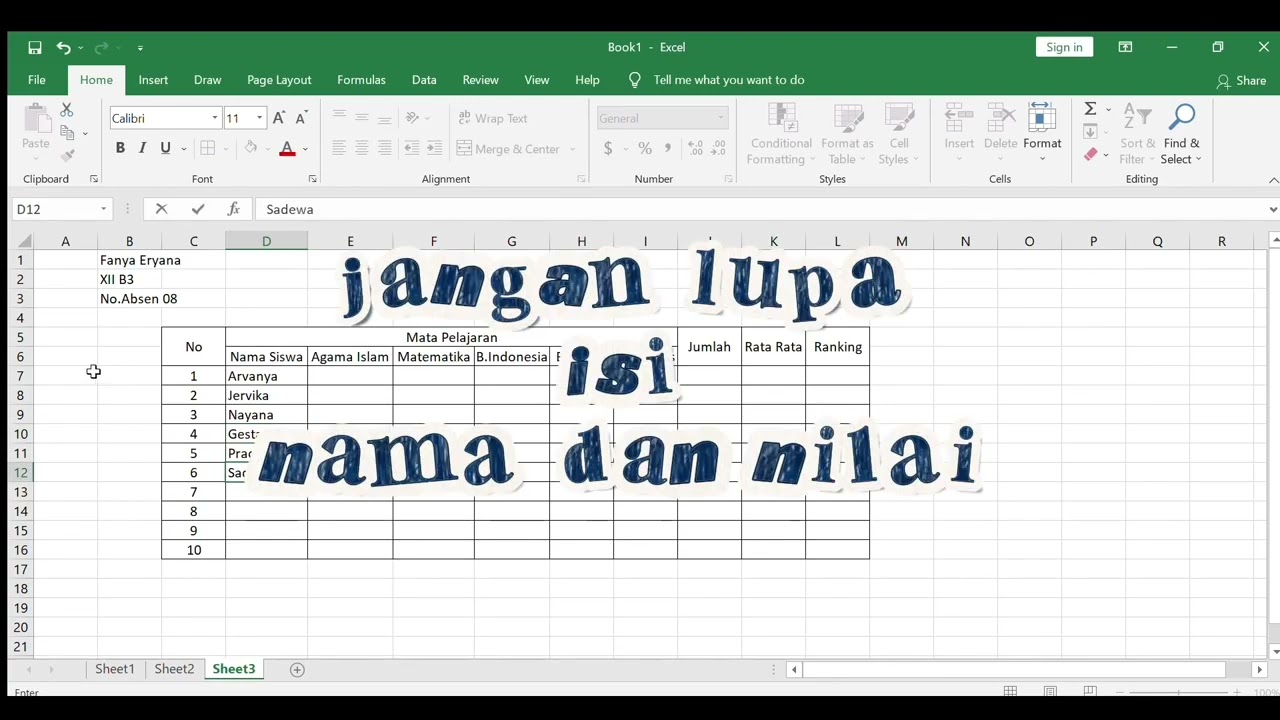 Microsoft Excel mengenai cara penjumlahan, nilai rata-rata, rank, max & min