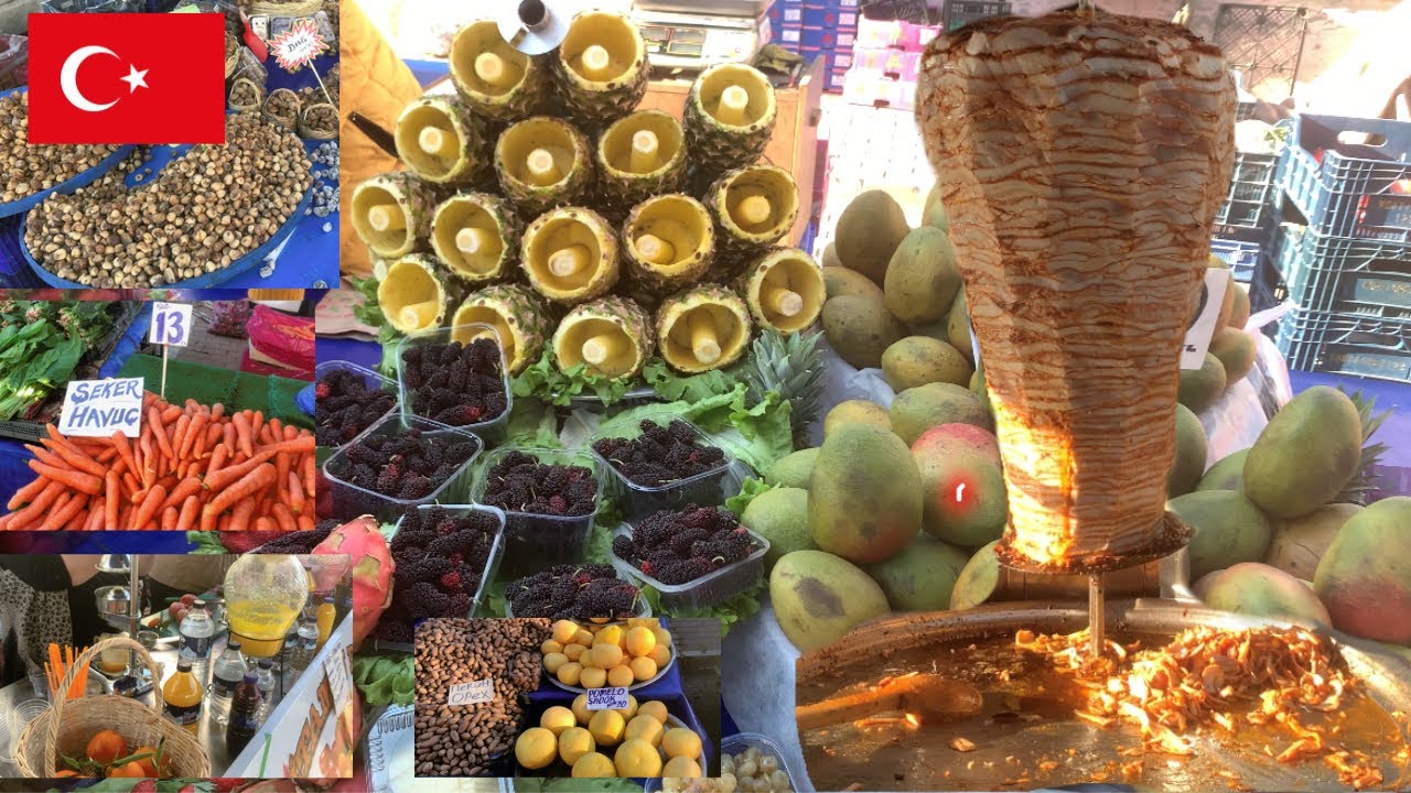 Exploring Turkish Bazaar - Hurma Antalya Local Stalls, Fruits, Doner Kebabs - Street Food Turkey