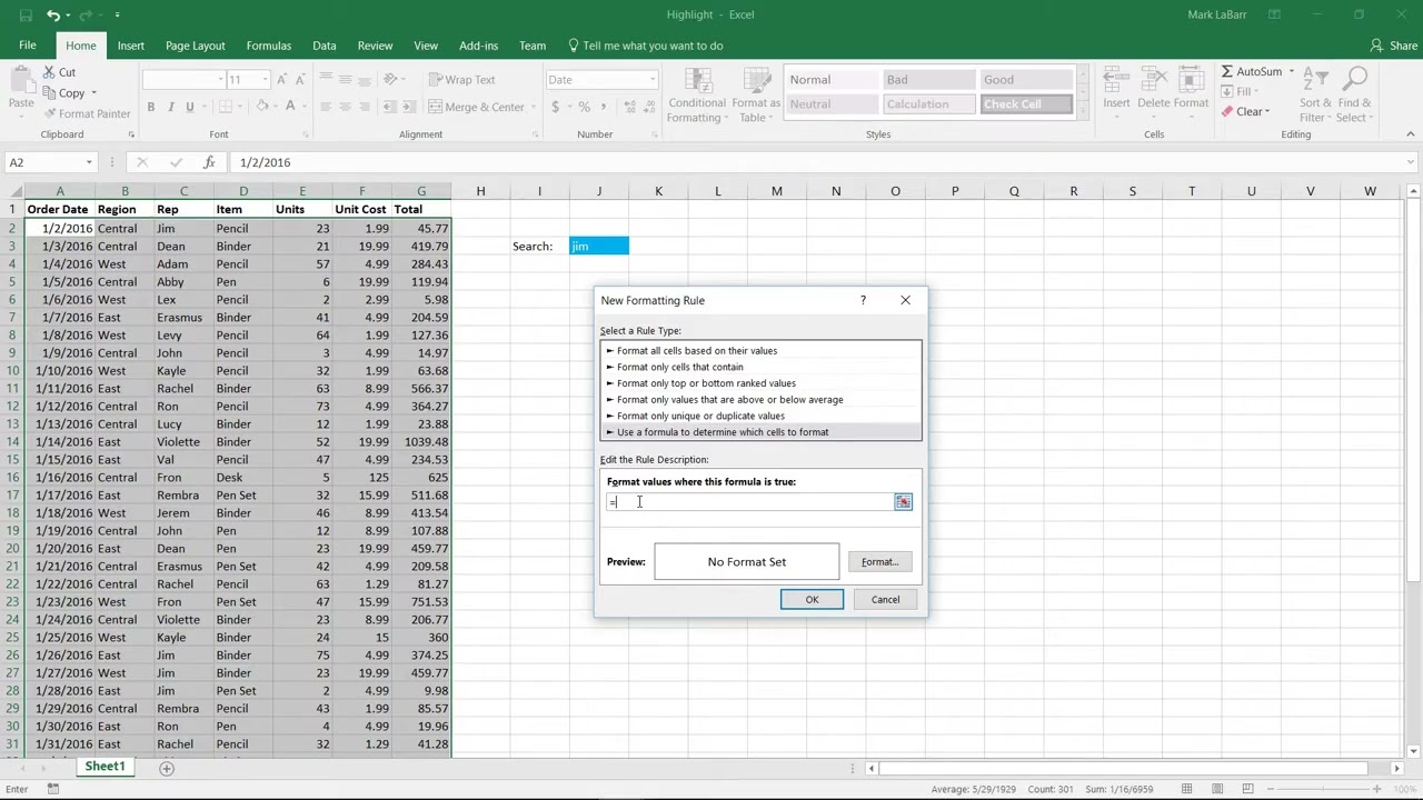 Create Search Box in Excel