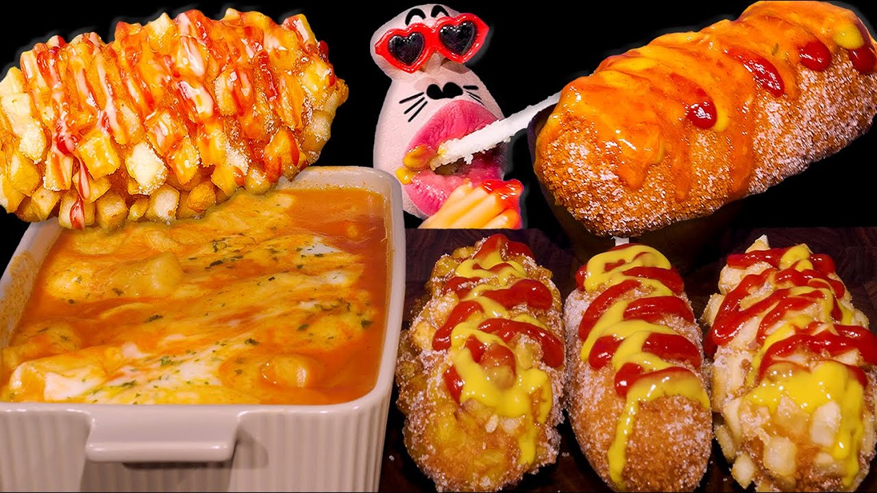 SUB| Potato&Sweet Potato&Mozzarella Cheese Corn Dogs, Cheese Tteokbokki!🌭 ASMR Mukbang Eating Show