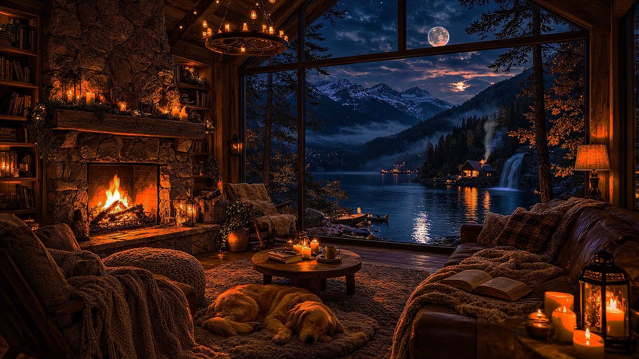 Cozy Moonlit Lake Cabin Fireplace | Relaxing Night Ambience for 10 + Hours