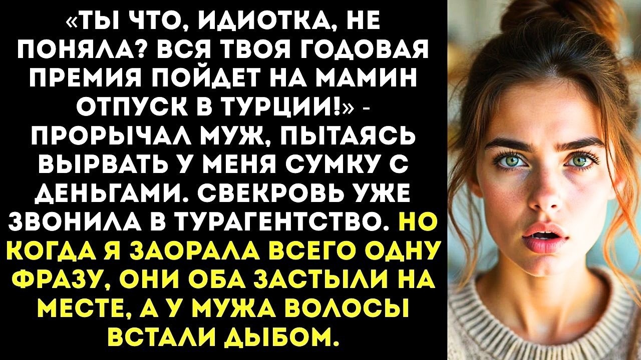 «Ты что, идиотка, не поняла? Вся твоя премия пойдет на мамин отпуск!» — прорычал муж.