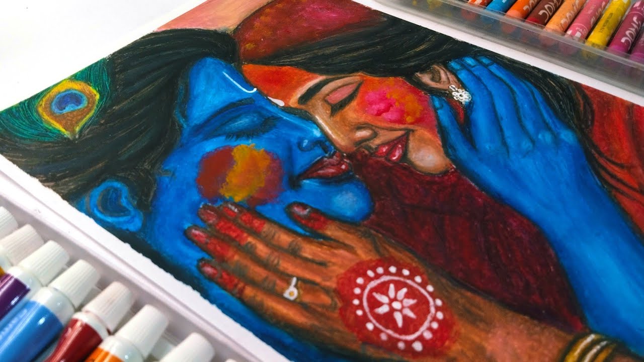 Mesmerizing Radha Krishn Oil Pastels Drawing/Radha Krishn holi Drawing/radha krishn holi ki drawing
