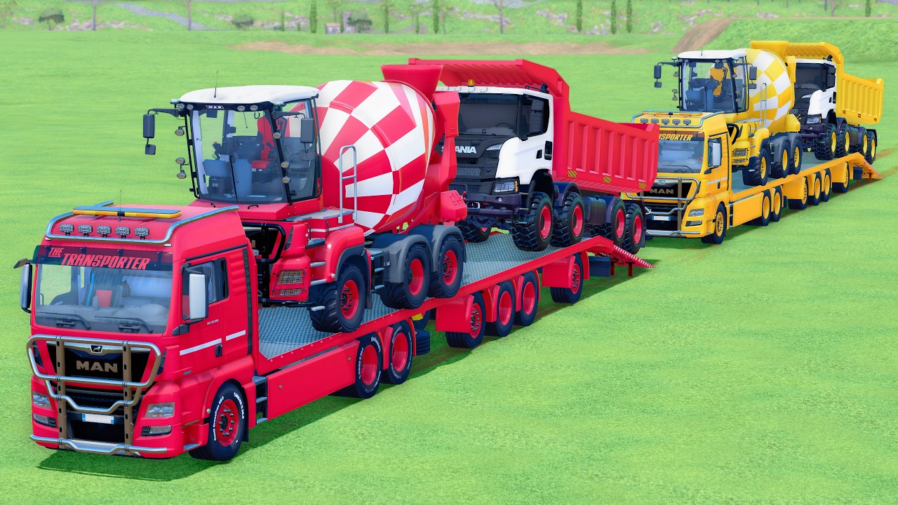 DOUBLE FLATBED TRUCK LONG CONVOY TRANSPORT OF COLORS! ALL  MIXER TRUCK, MAN, RENAULT, SCANIA - FS25