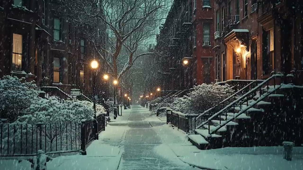 Snow Falling on Empty Streets Under a Dark and Quiet Winter Sky