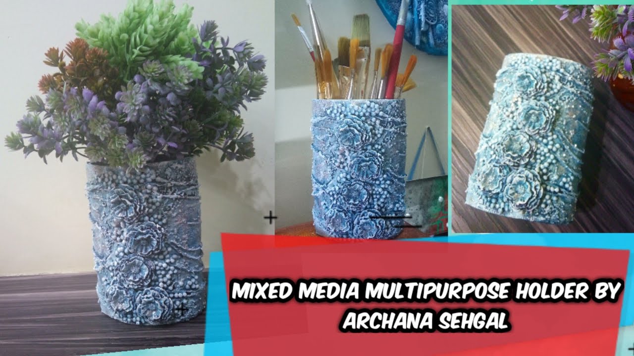 Mixed Media Brush Holder using packaging tape rolls || Recycled Art || Trash to treasure