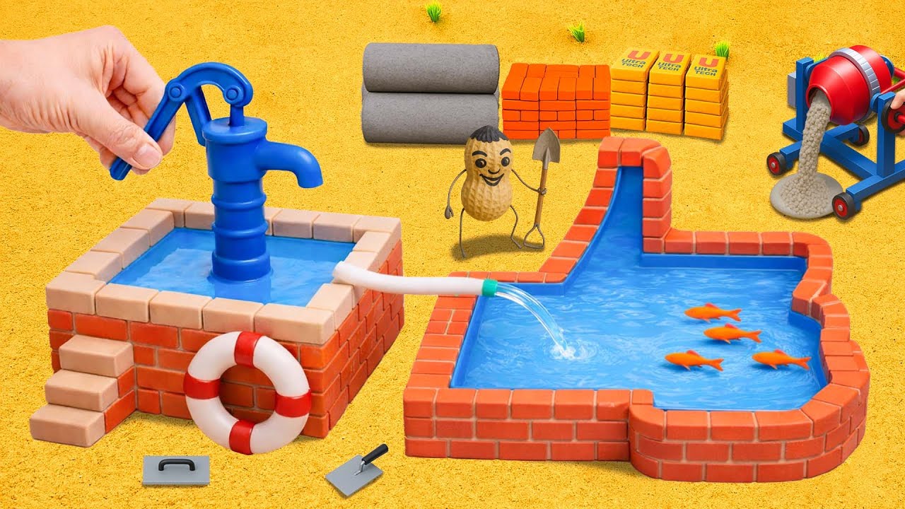 DIY Mini Tractor Builds a Brick Pool with Hand Pump & Flowing Water System | Science Project
