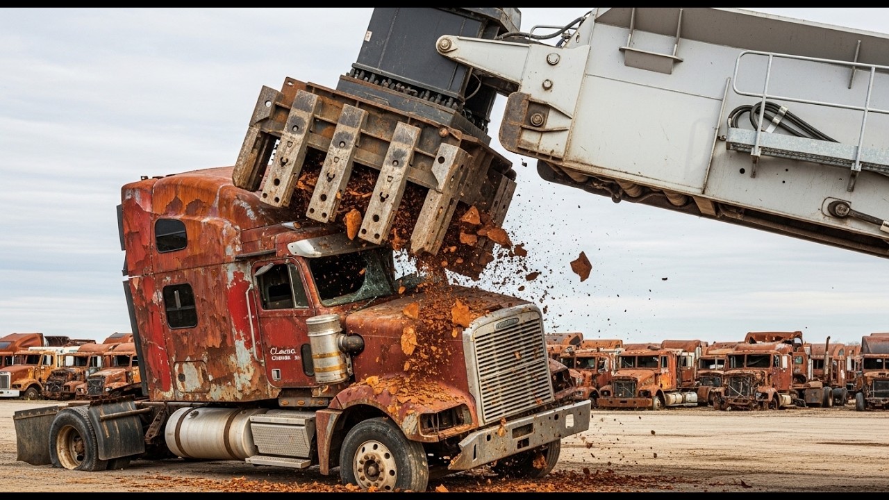 Mega Factory Graveyard of American Freightliner Classic XL Trucks— Brutal Destruction!