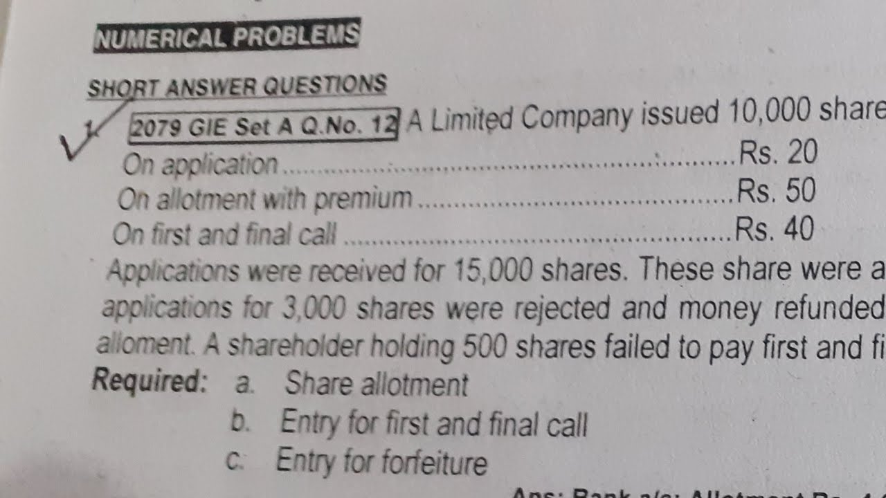 Class 12| Issue of shares for cash | Share Allotment, 1st & final call, forfeiture entry
