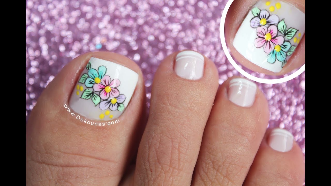 Diseño de uñas pies de flores - Easy flowers toenail