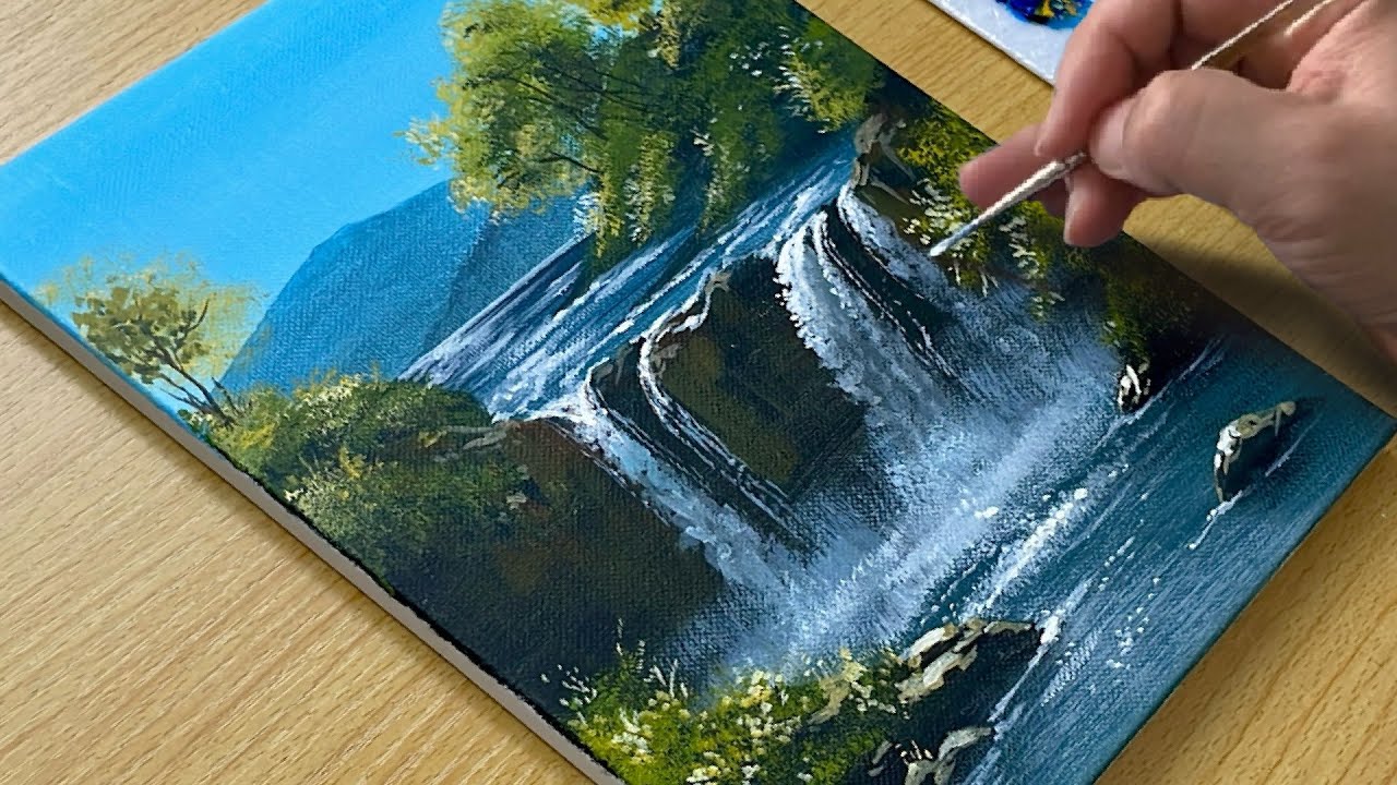 Relaxing Acrylic Painting - Easy Waterfall Step by Step