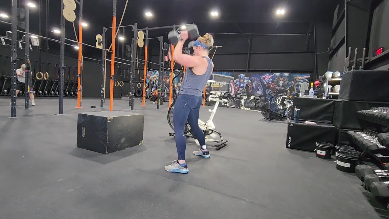 12 min AMRAP 18 cal bike, 12 Dbl DB box step overs, 6 devils press