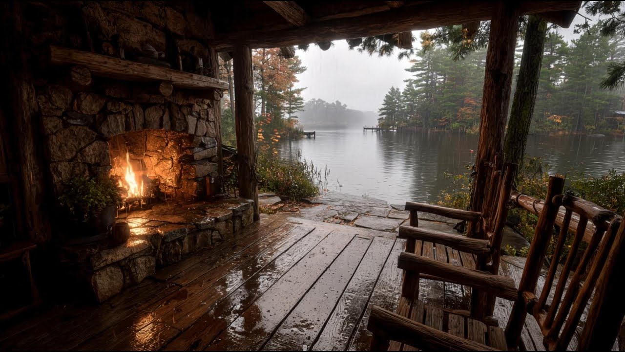 Rainy Lakeside Cabin Porch 🔥 Cozy Fireplace & Gentle Rain Sounds | Sleep, Relax, Study