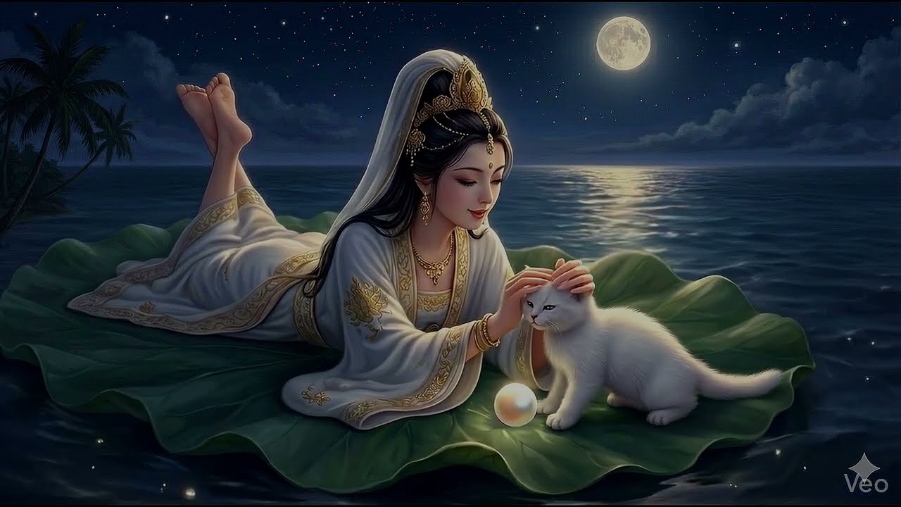 bossa nova 大悲咒 耳根圓通 觀音陪你安心睡覺，皎潔月光 海面上的觀音和白貓