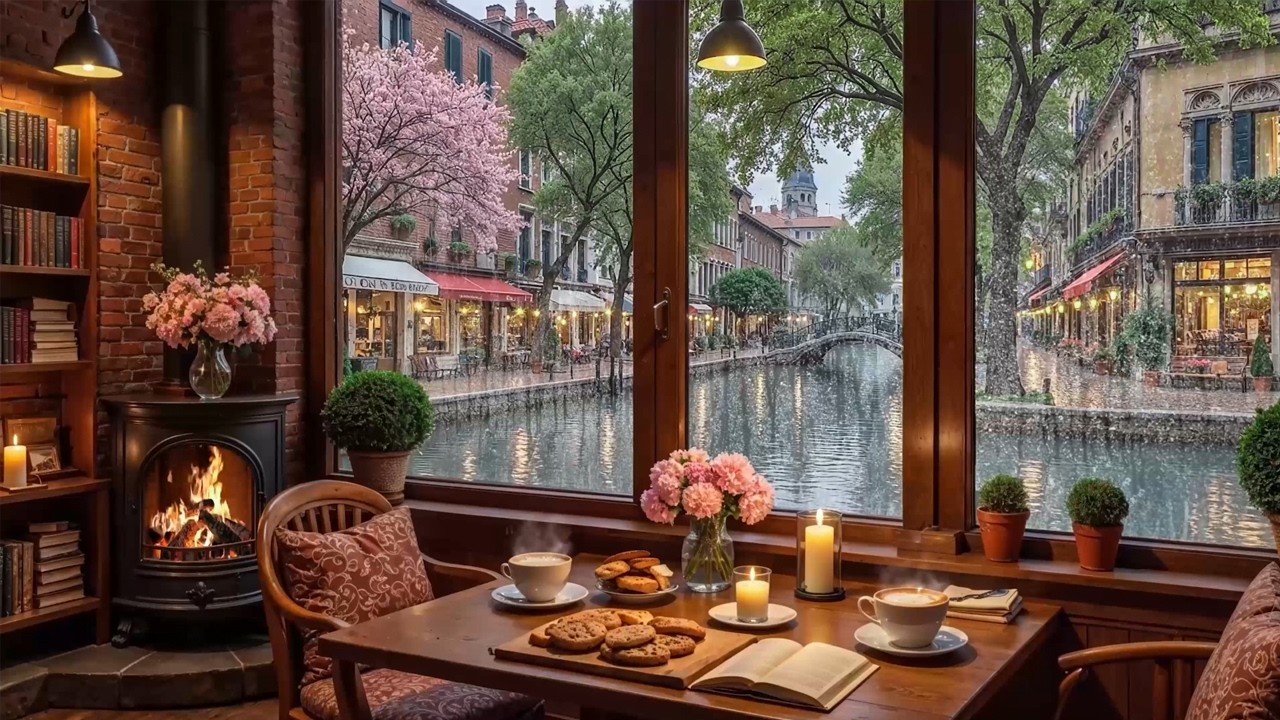 Cozy Rainy Canal Cafe ☕ Smooth Jazz Piano & Fireplace Ambience for Study, Relax & Sleep