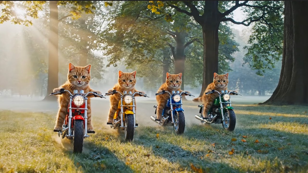 Four Cats Riding Motorcycles 😺🏍️ | Cutest AI Video Ever