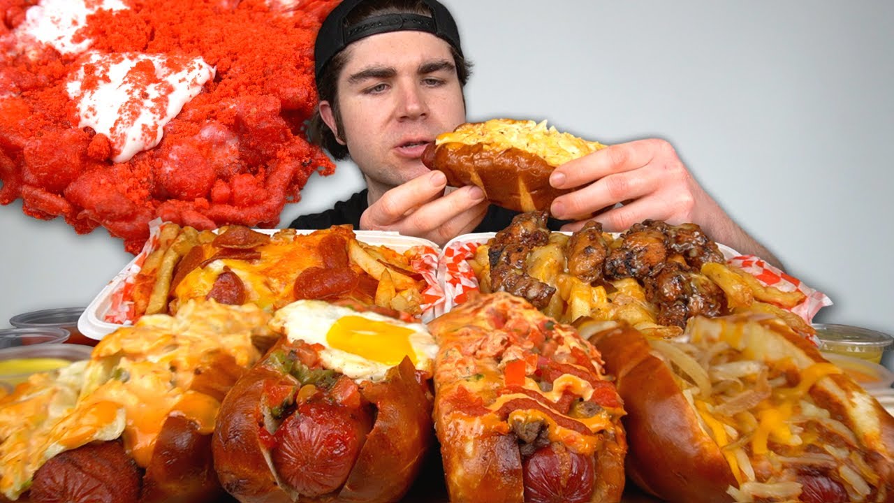 LOADED BACON WRAPPED HOT DOGS MUKBANG! PIZZA Fries, Lemon Pepper Fries, Funnel Cakes, Churros +