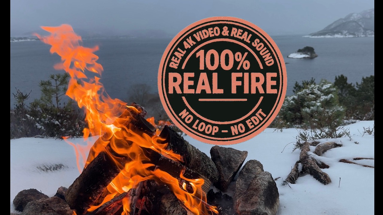 Winter Fjord Campfire 4K 60FPS - Real Nordic Fire for TV Background | No AI | No Loop