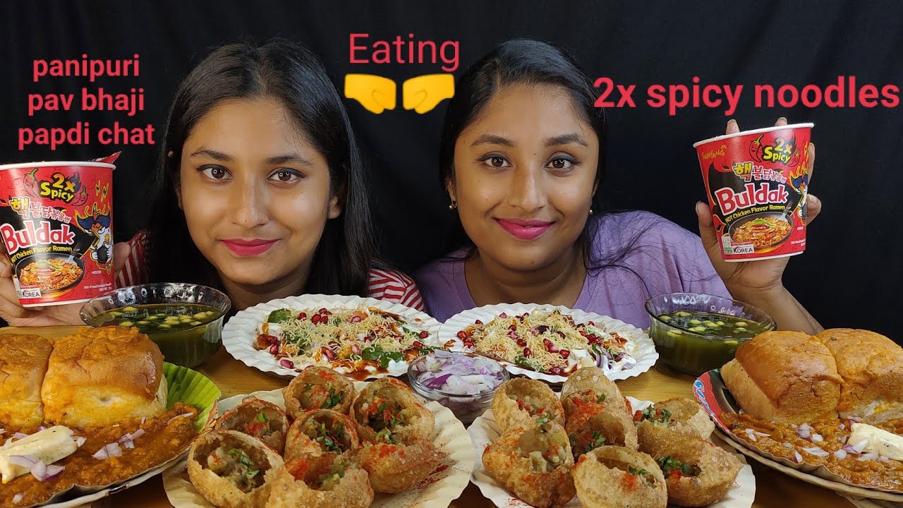 2x spicy 🥵 samyang Noodles, panipuri,pav bhaji,papdi chat eating challenge|Street Food Eating 😋