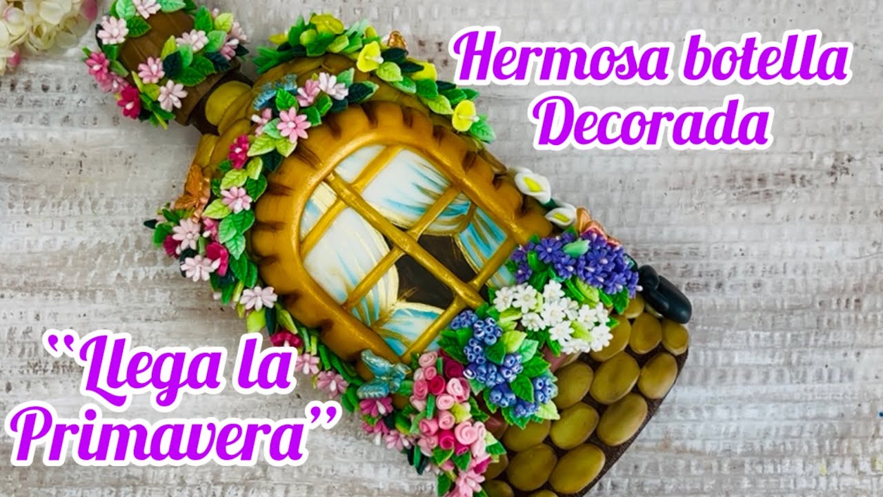 DIY/ decorated bottle FLOWERED WINDOW cold porcelain + recycled bottle, porcelanicron