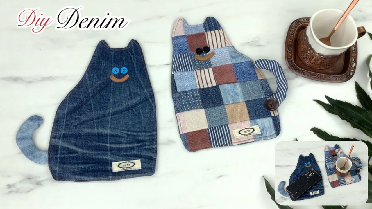 sewing diy a cat coasters from old jeans , sewing coasters tutorial, old jeans reuse ideas .