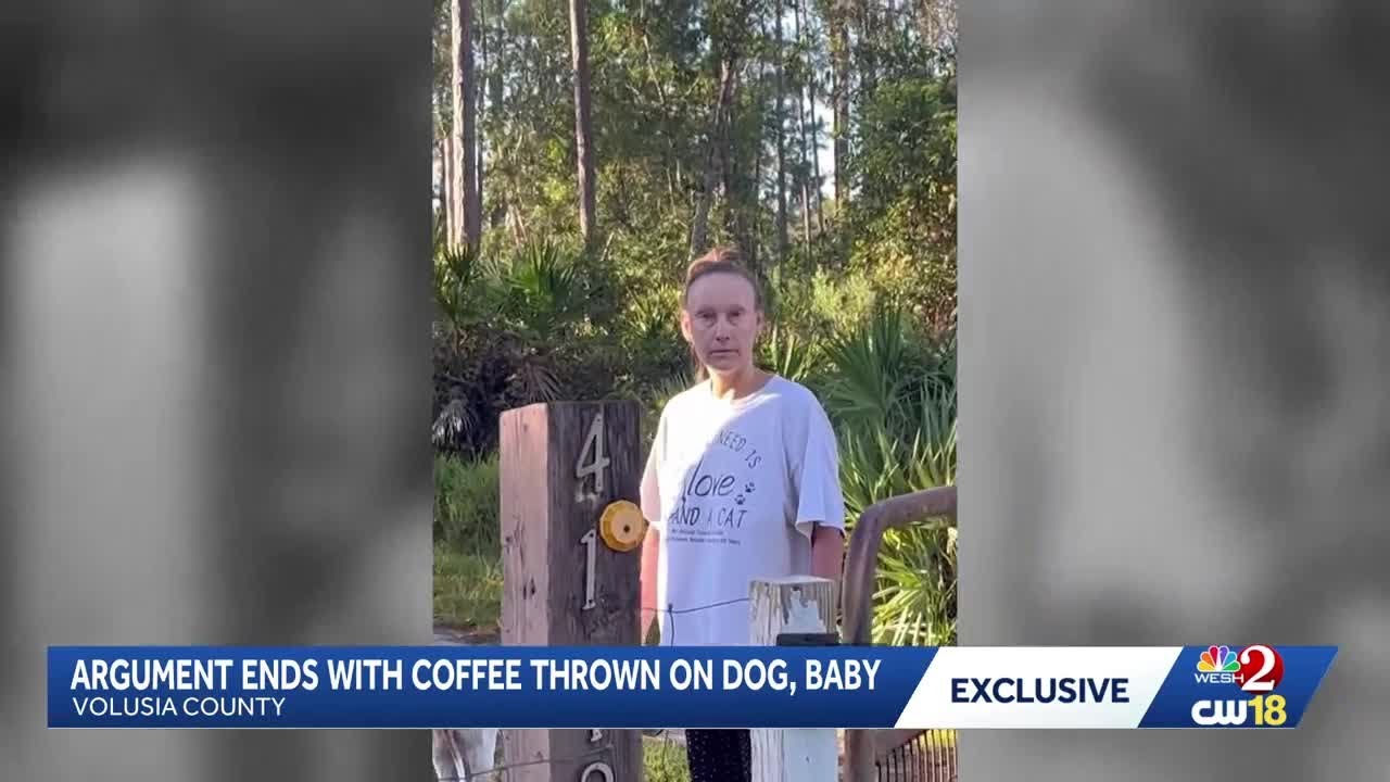 Leash dispute ends with coffee thrown on mom, infant and dog