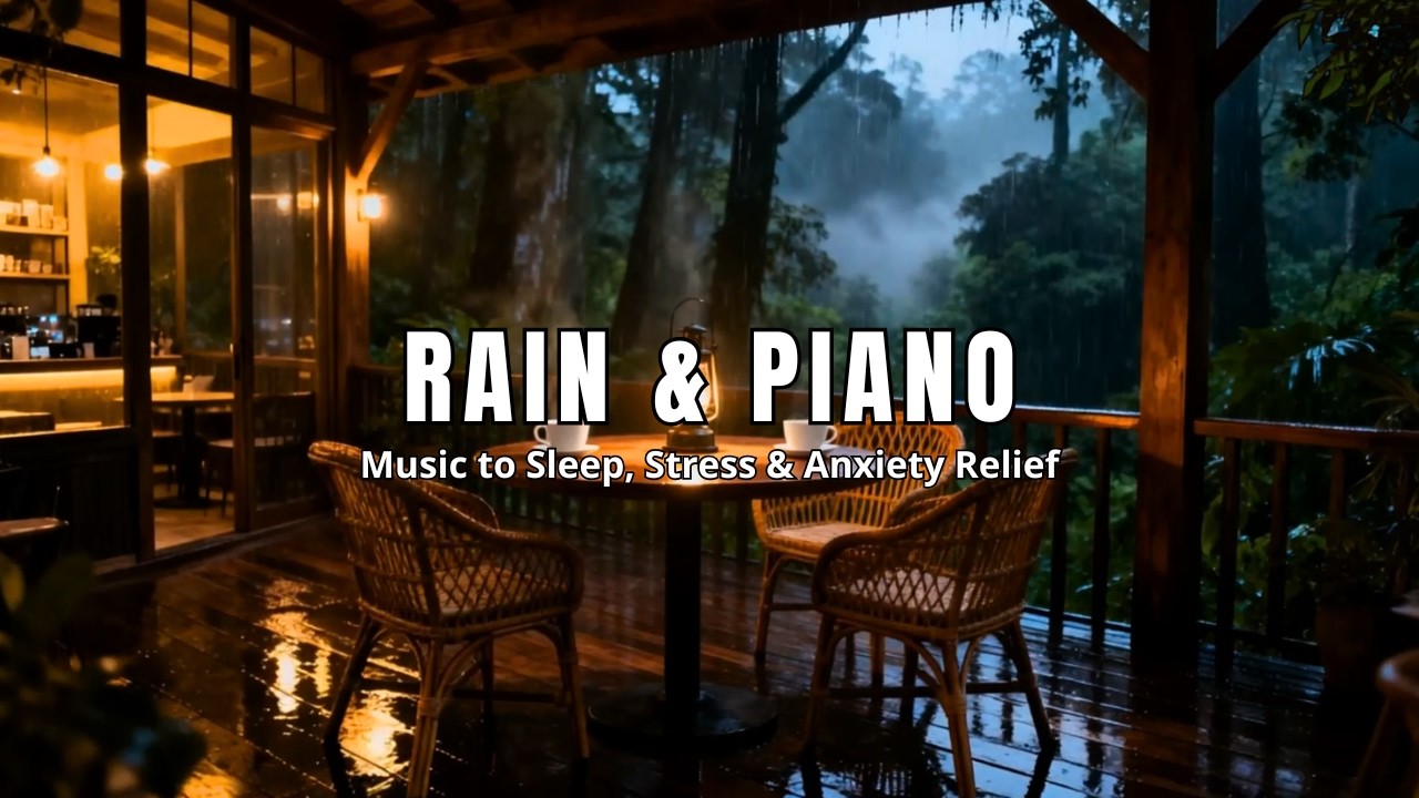 Relaxing Music with Rain Sounds & Piano in Forest Coffeehouse Balcony Room for Deep Rest