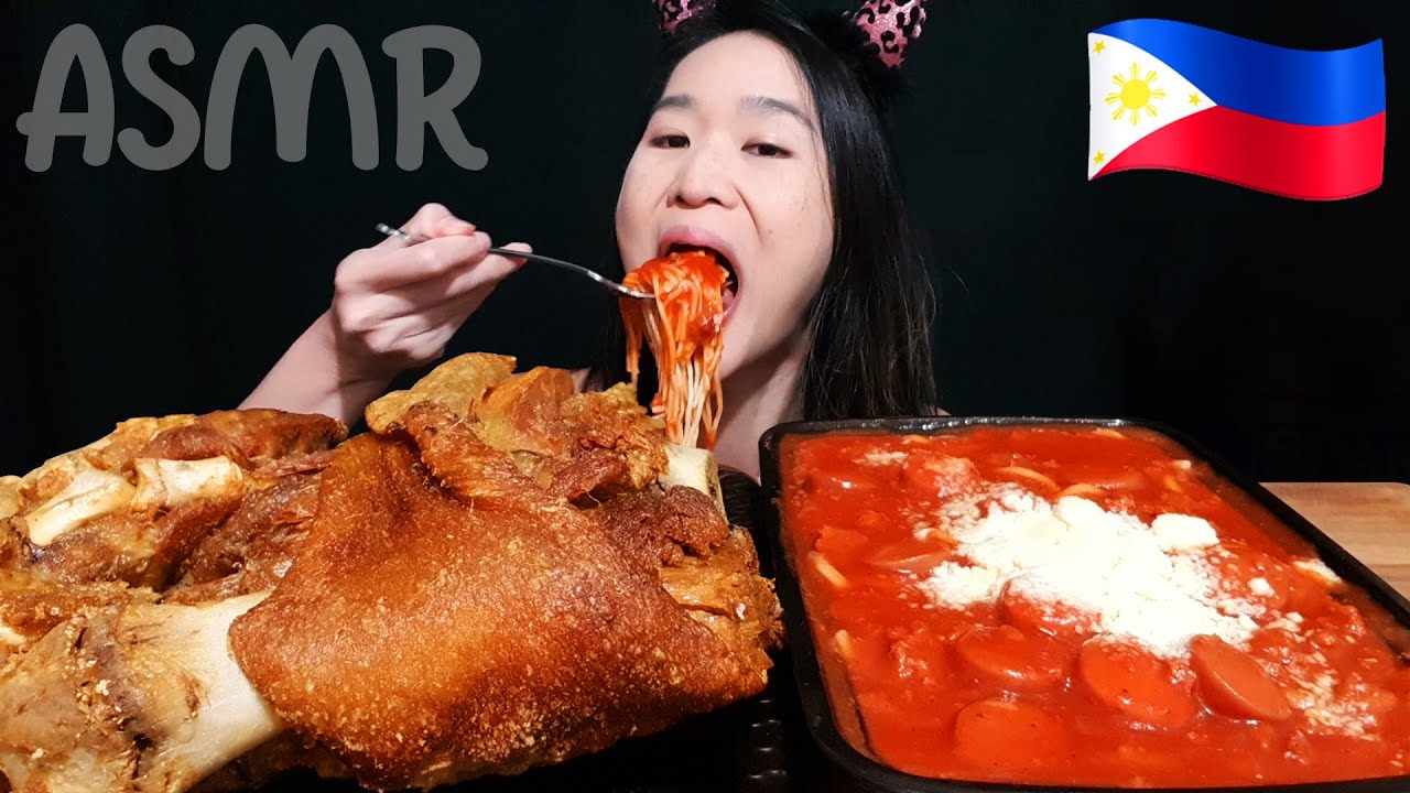 Crispy ASMR & Mukbang! Filipino Food Crispy Pata & Sweet Spaghetti - Fried Pork Knuckle & Noodles