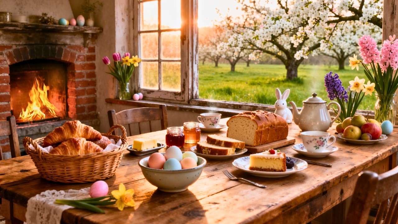 Easter Morning in a Cozy 1950s Kitchen 🐣 Oldies Playing in Another Room | Breakfast Ambience