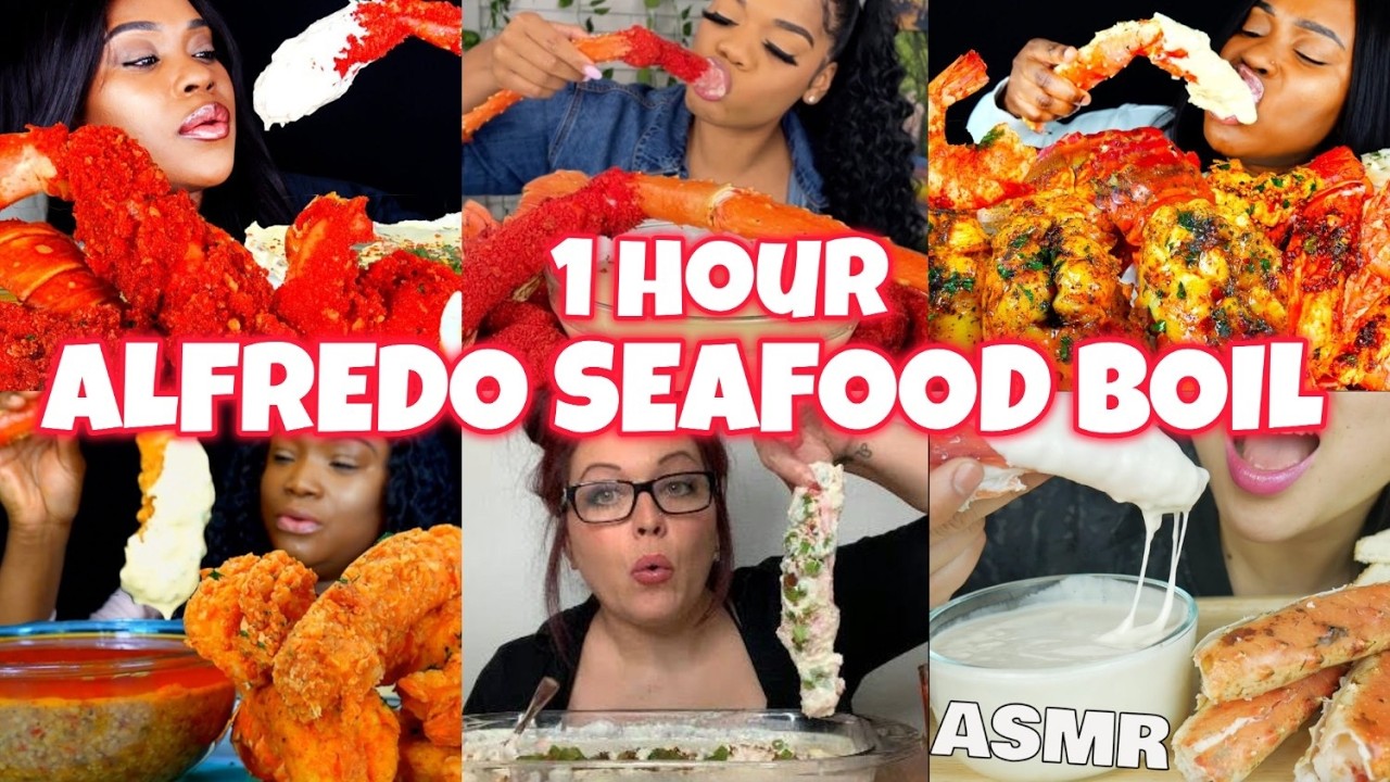 1 Hour of Creamy Alfredo Juicy King Crab legs Seafood Boil 🦞🧄 | Big Bites & Saucy Sounds