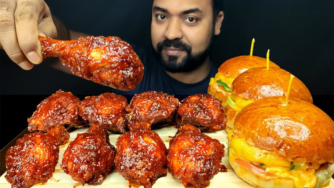 BBQ CHICKEN LEG PIECE, BBQ THIGH PIECE, CHICKEN CHEESE BURGER MUKBANG ASMR EATING SHOW | #LiveToEATT