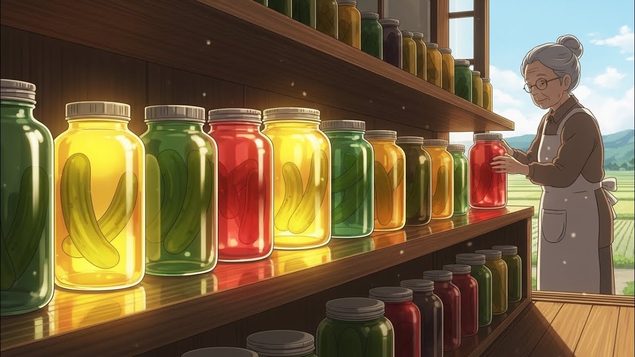 Grandma’s Pickle Jars Lined Against the Sun Colorful jars glowing 