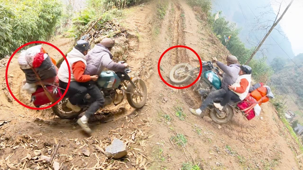 Motorcycle drivers carrying oversized cargo travel along steep mountain cliffs.#funny