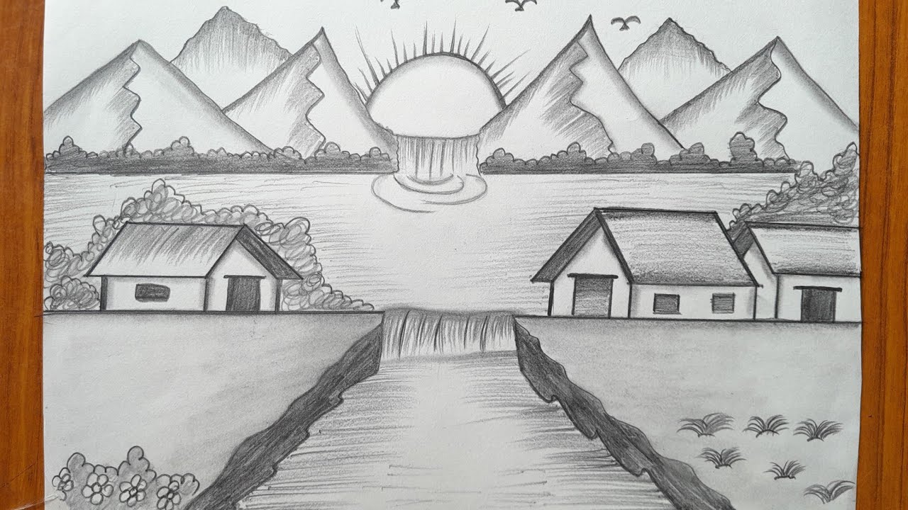 Drawing Pictures | Nature Drawing | House Drawing | Ghar Ka Chitra | Village Scenery Drawing 