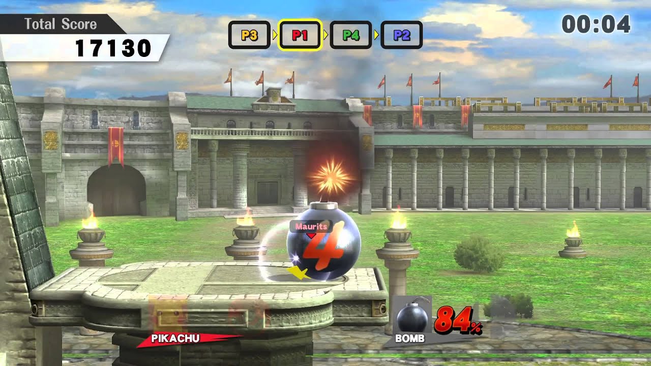 Super Smash Bros. U &mdash; Target Blast Stage 2, режим противостояния (4 игрока: Dark Pit, Pikachu, Ma...
