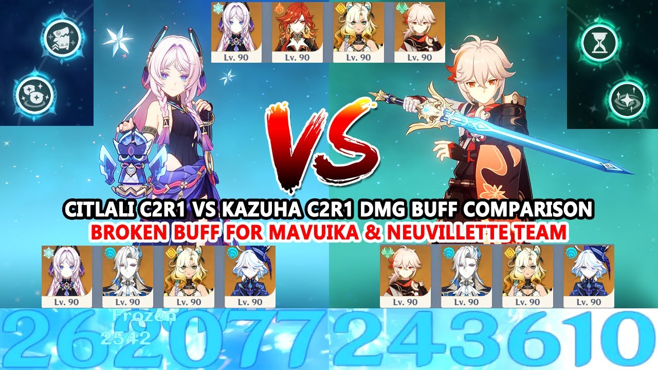 Citlali C2R1 vs Kazuha C2R1 DMG Buff Comparison Neuvillette Team | Mavuika x Citlali C0-C2 DMG Test