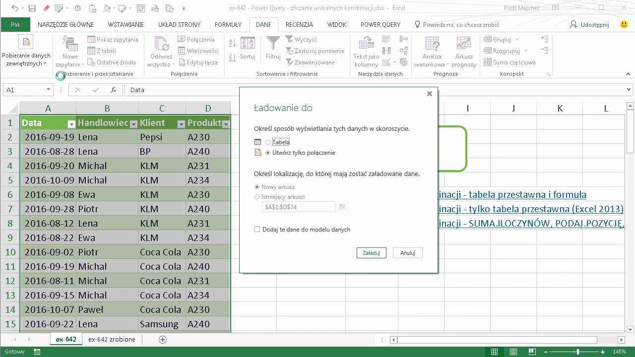 excel-642 - Power Query - zliczanie unikalnych kombinacji