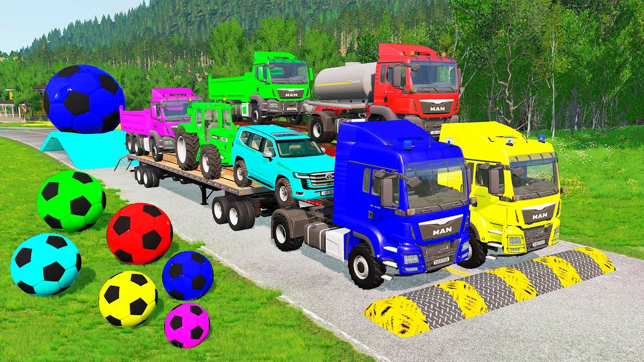 Flatbed Trailer McQueen Transportation with Truck - Speedbumps vs Cars vs Train - BeamNG.Drive #48
