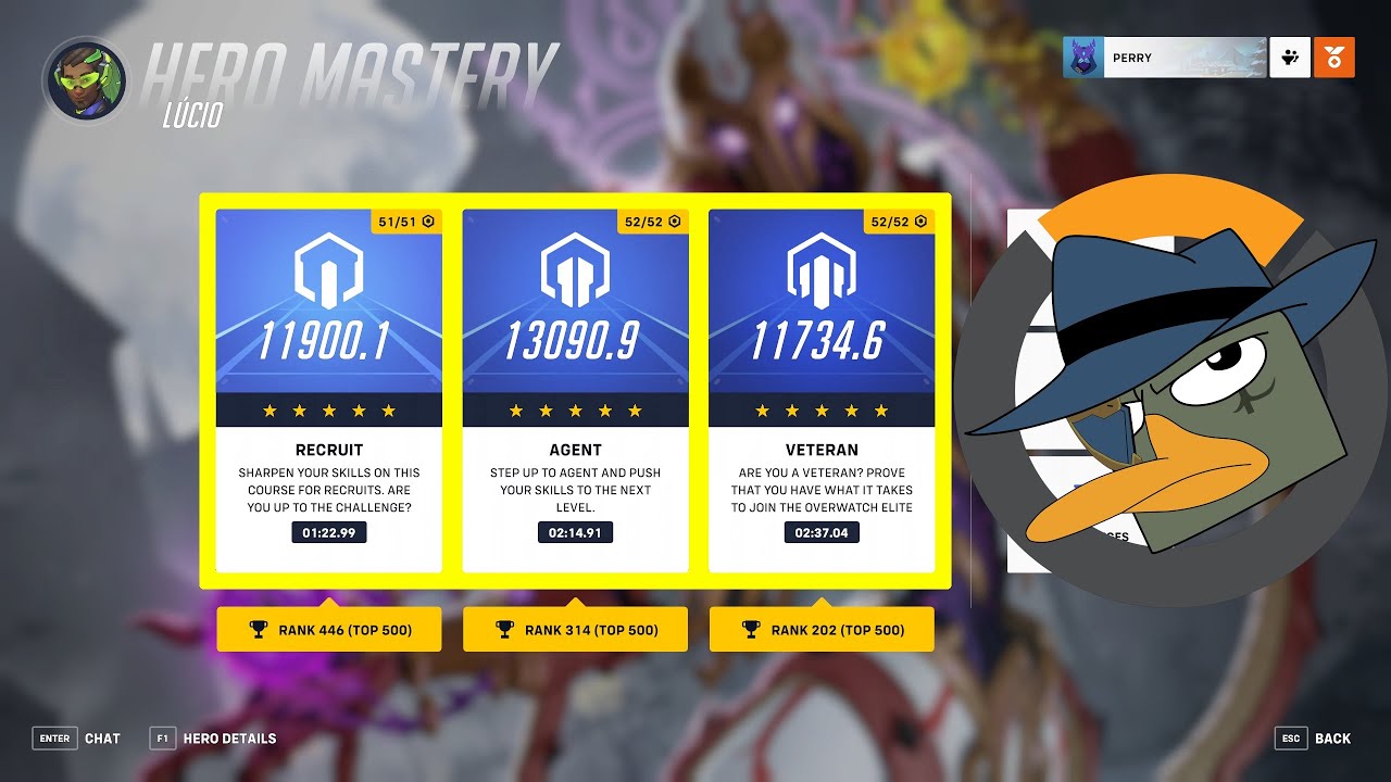 Lucio Hero Mastery Top 500, all 3 courses, Recruit, Agent, and Veteran, 5 stars - Overwatch 2