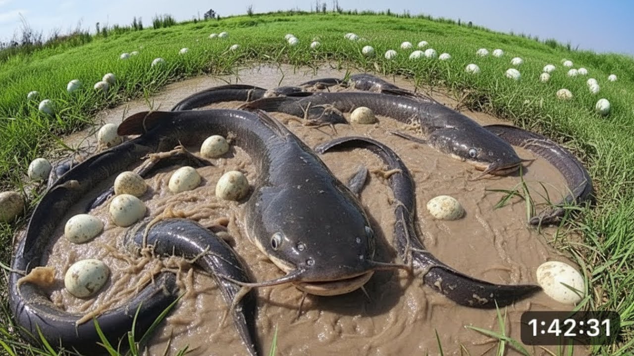 Best hand fisherman catch a lot of catfish and duck eggs at field 