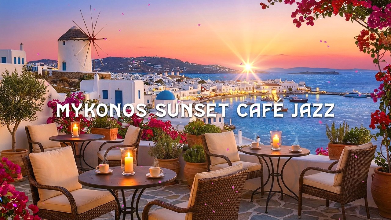 Mykonos Sunset Café Jazz 🇬🇷 Greece Seaside Windmill View | Smooth Piano Jazz for Study & Focus