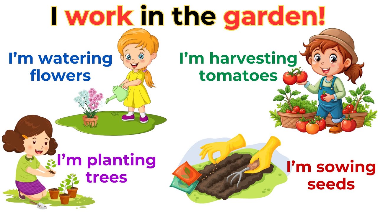 I work in the garden | Action Verbs For Beginner Daily English | English Sentences
