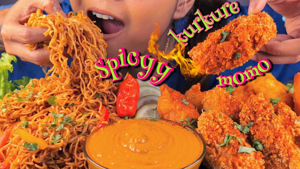 EATING THE SPICIEST & CRUNCHY KURKURE MOMO WITH SPICY CHUTNEY & SPICY NOODLES MUKBANG | MOMO NOODLES