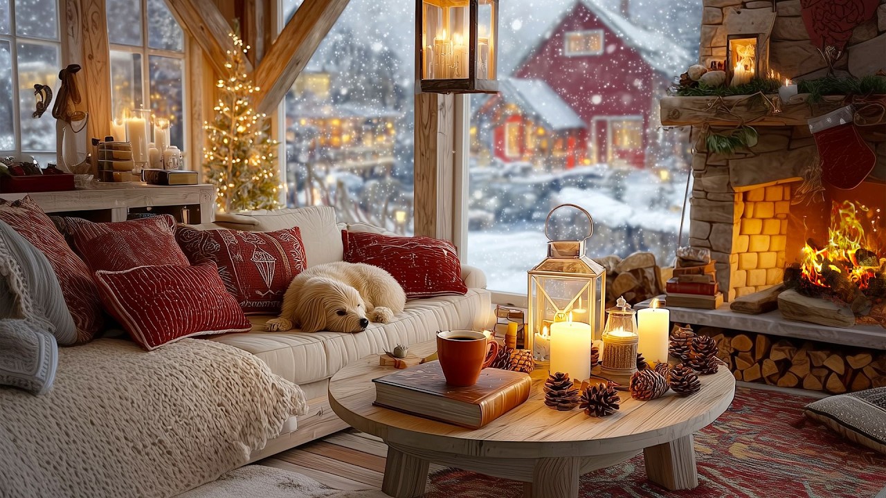 Cozy Living Room Winter with Fireplace & Gentle Piano Music for Study, Sleep & Work