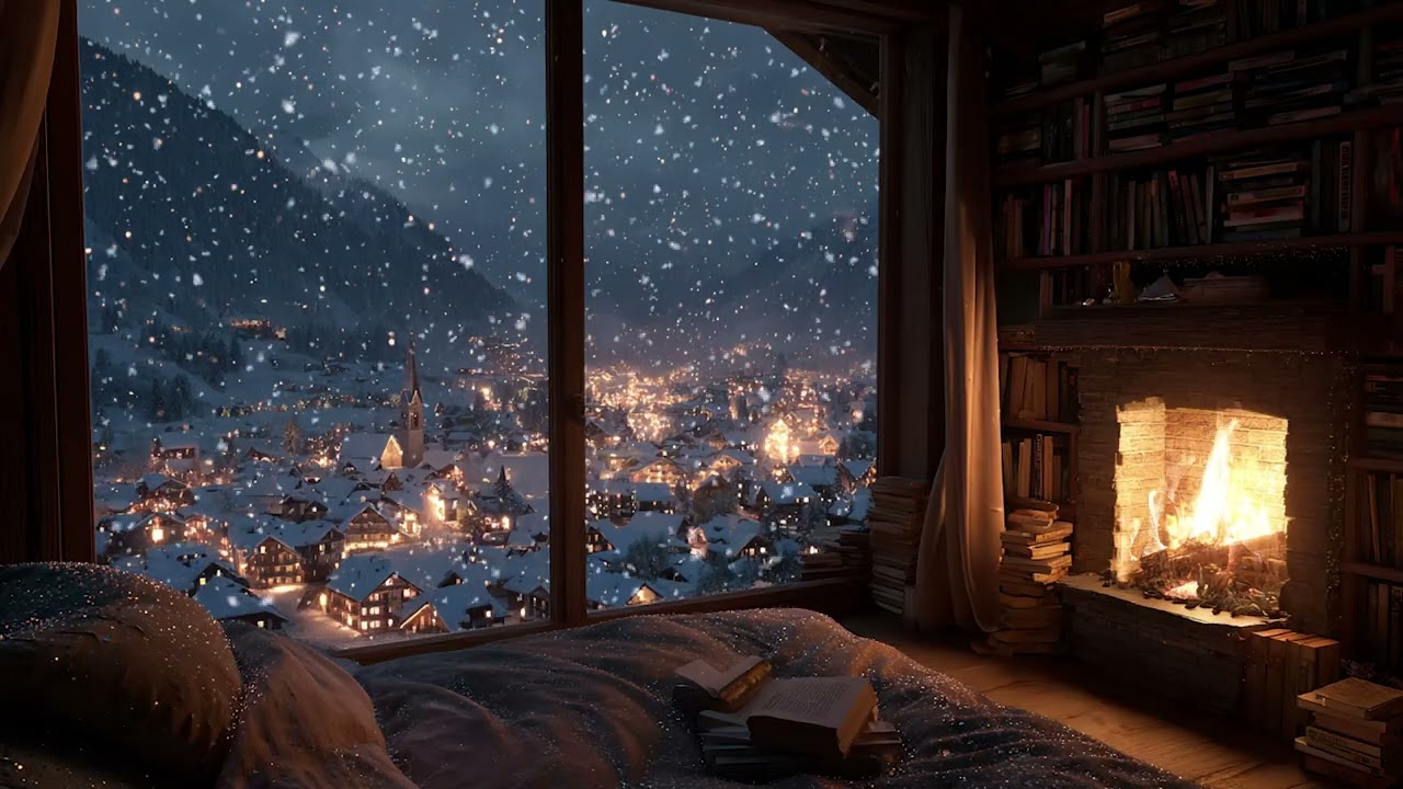 Tranquil Snow Cabin After Dark | Cozy Fireplace and Quiet Snowfall for Relaxation