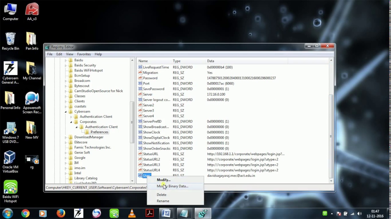 How to hack cyberoam password in Another user Binary Data