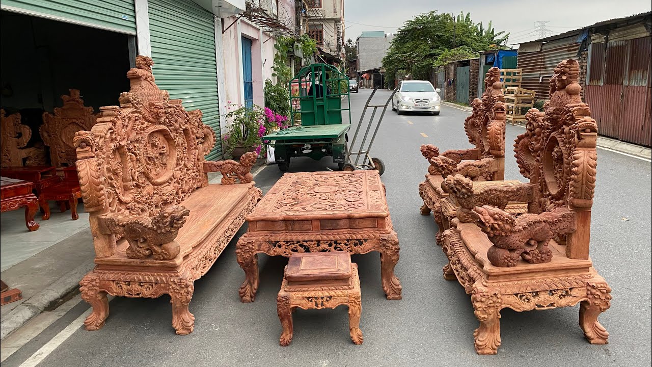 Bộ Bàn Ghế Rồng Đỉnh 6 Món Gỗ Hương Lào Chân 14 Tay 18 | Đồ Gỗ Phạm Tuấn